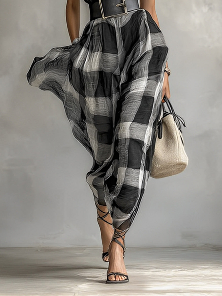 Women's Linen Blend Plaid V-neck Cap Sleeve Belt Maxi Dress MDA1915G6Y