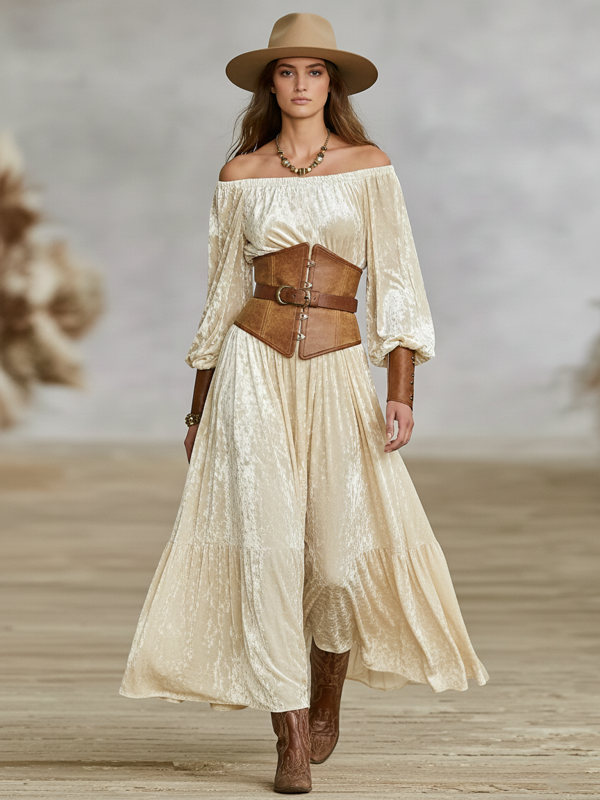 Women's Loose-fitting Velvet Off-shoulder Long-sleeved Maxi Dress With Faux Leather Cuffs (waist Cincher Not Included)MDA1307K2Y