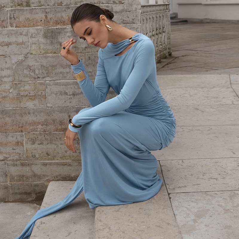 Elegant Fitted Waistline with Asymmetric Pleats Long-Sleeve Dress for Women