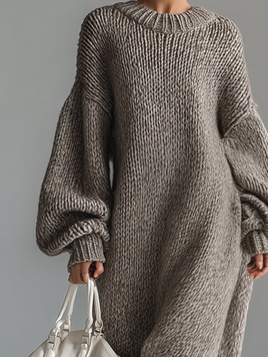 Elegant Urban Silhouette Round Neck Heathered Khaki Knitted Maxi Dress