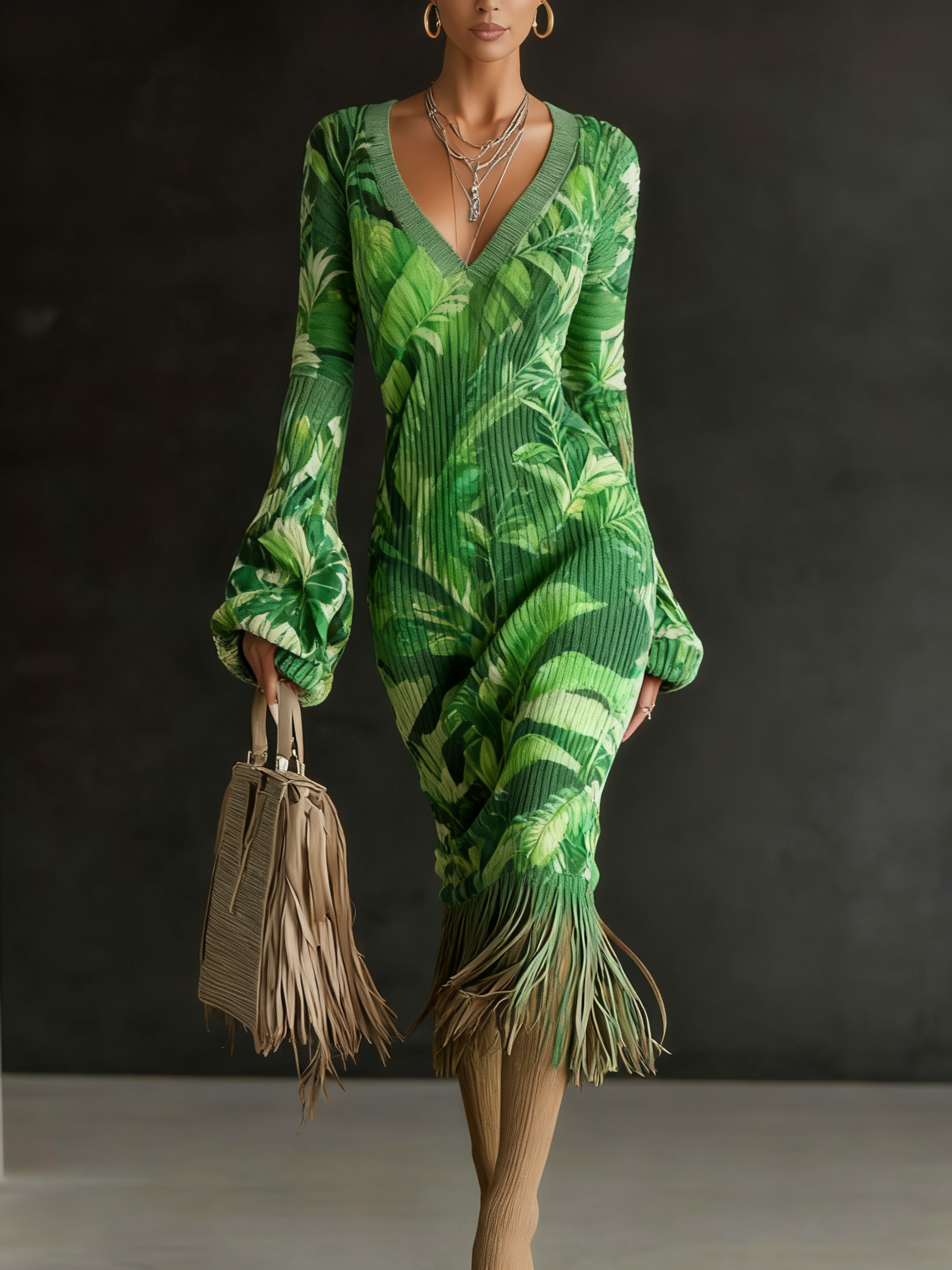 Printed Textured Knitted Tassel Hem Long Sleeve Midi Dress