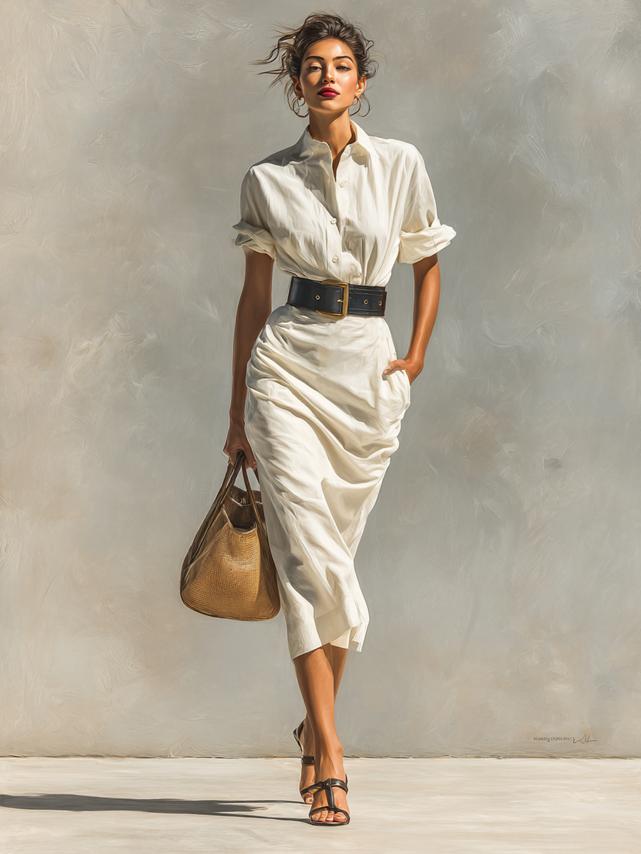 Ladies Solid Color Lapel Short Sleeve Belt Midi Dress MDA0999G0Y