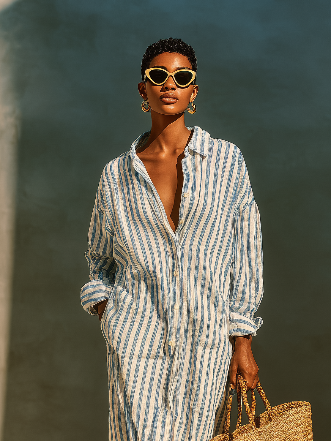 Women's Fashionable Casual Blue And White Striped Long-sleeved Shirt Dress MDA2483K4AN