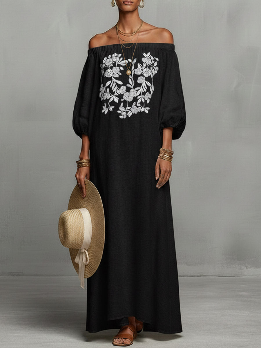 Women's Round Neck Long Sleeve Casual Loose Linen Dress