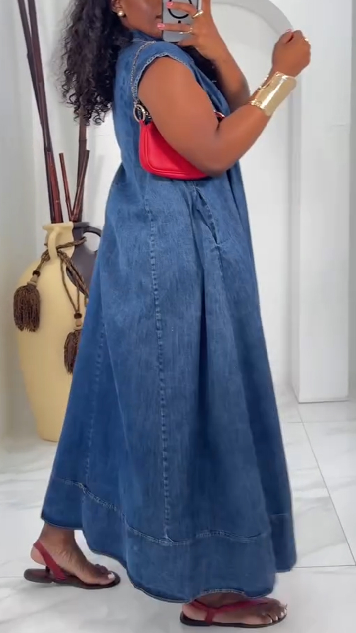 Ladies Lapel Buckle Splicing Casual Loose Denim Dress