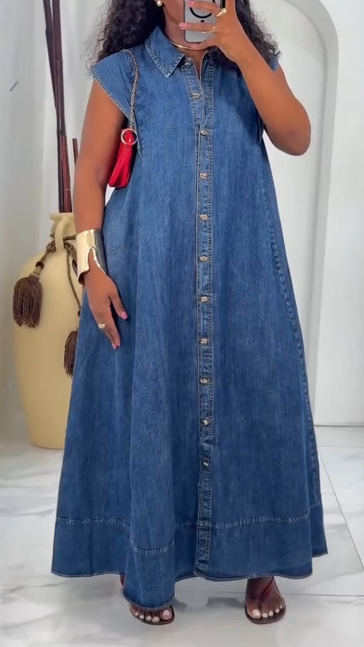 Ladies Lapel Buckle Splicing Casual Loose Denim Dress