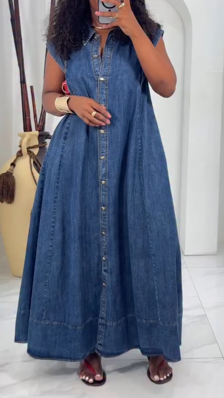 Ladies Lapel Buckle Splicing Casual Loose Denim Dress