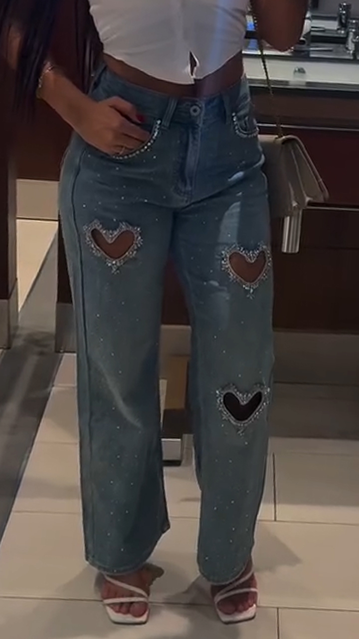 Women Heart-shaped Hollow Hot Diamond Washed Casual Jeans