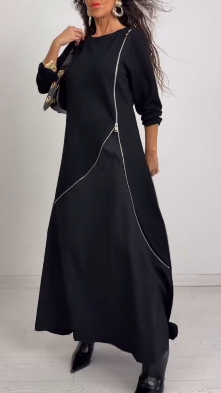 Women Round Neck Spliced Zipper Casual Dress