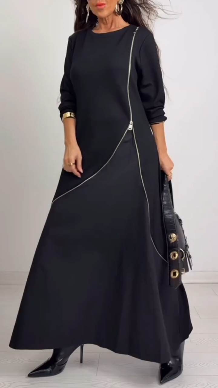 Women Round Neck Spliced Zipper Casual Dress