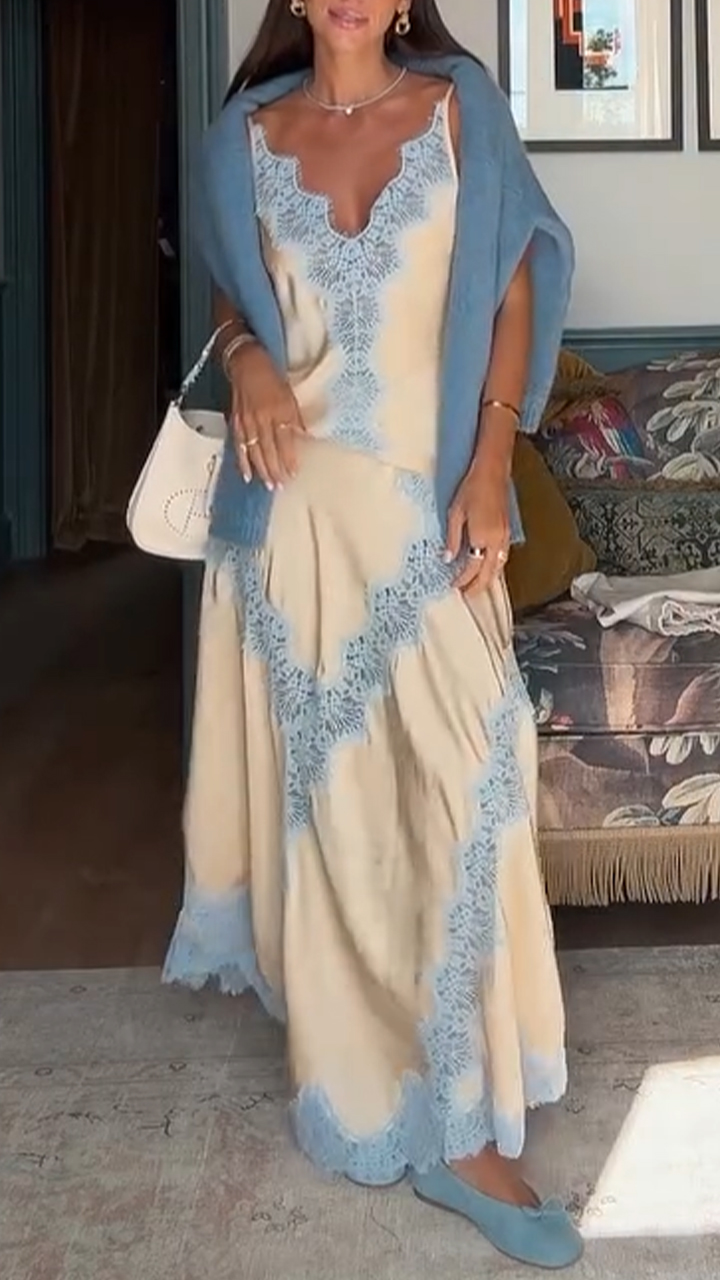 Women Suspender Printed Top+ Skirt Elegant Casual Set