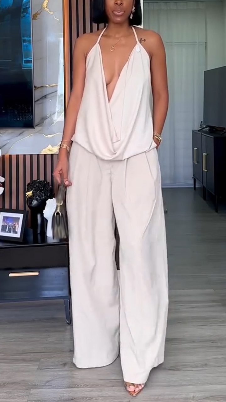 Women Hanging Neck Low Neck Top+ Pants Solid Color Casual Suit