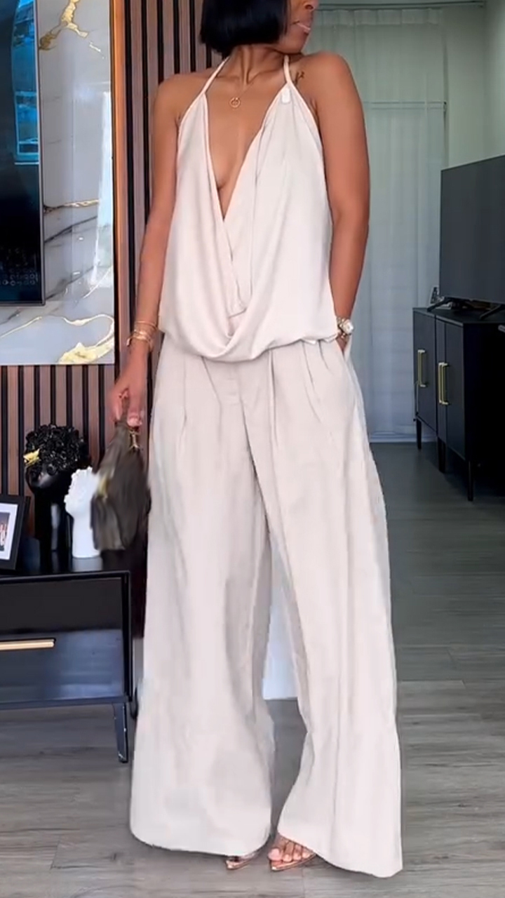 Women Hanging Neck Low Neck Top+ Pants Solid Color Casual Suit