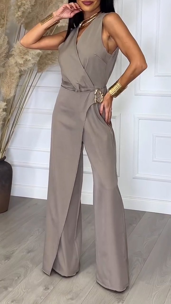 Women V-neck Patchwork Waist Metal Buckle Decorative Casual Jumpsuit