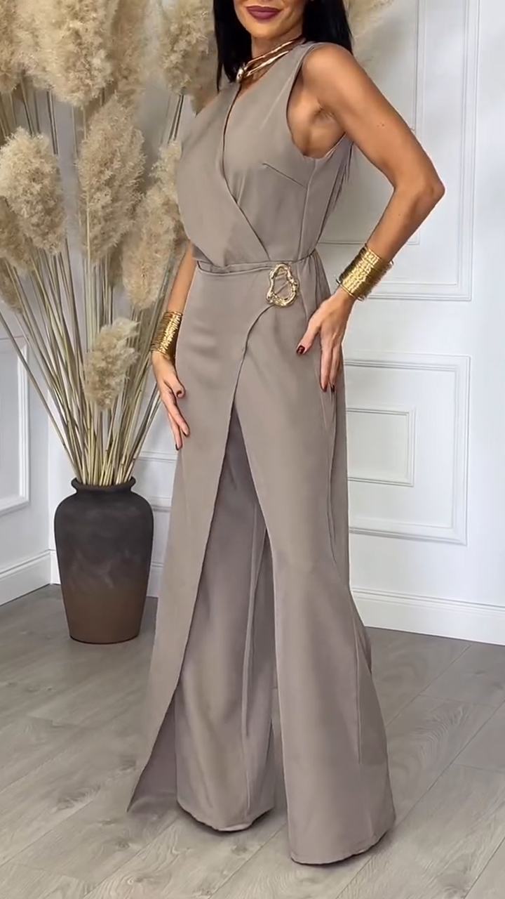 Women V-neck Patchwork Waist Metal Buckle Decorative Casual Jumpsuit