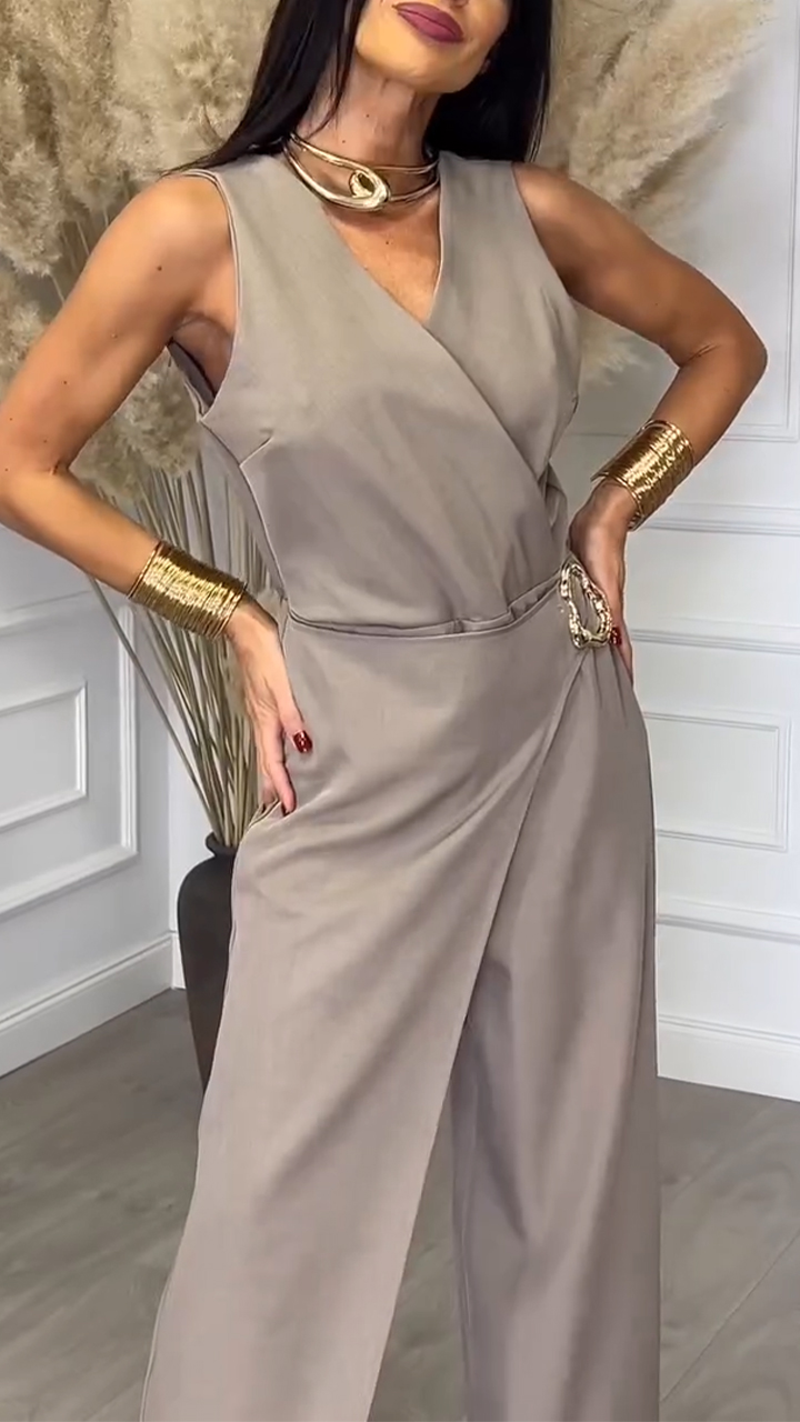 Women V-neck Patchwork Waist Metal Buckle Decorative Casual Jumpsuit