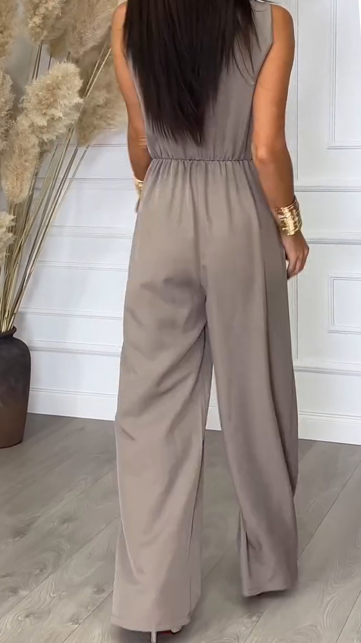 Women V-neck Patchwork Waist Metal Buckle Decorative Casual Jumpsuit