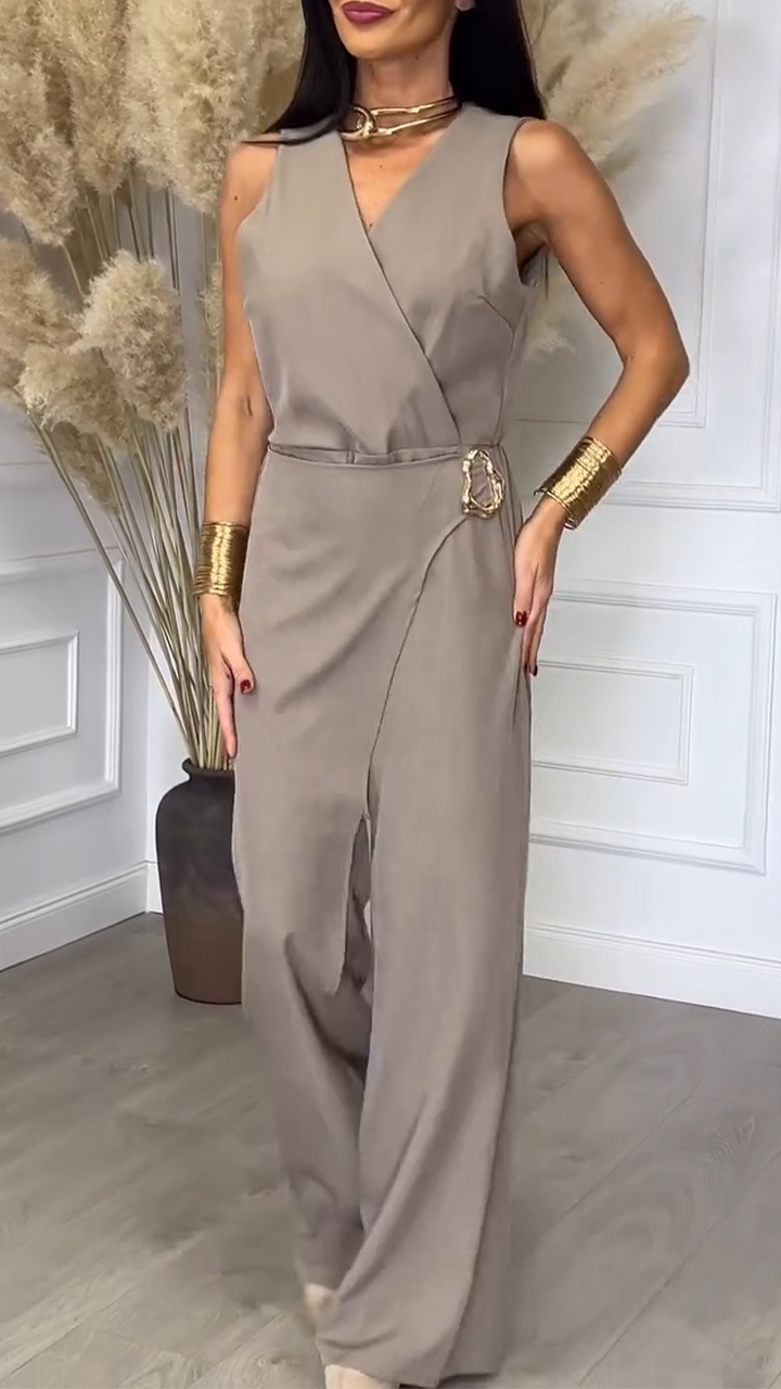 Women V-neck Patchwork Waist Metal Buckle Decorative Casual Jumpsuit