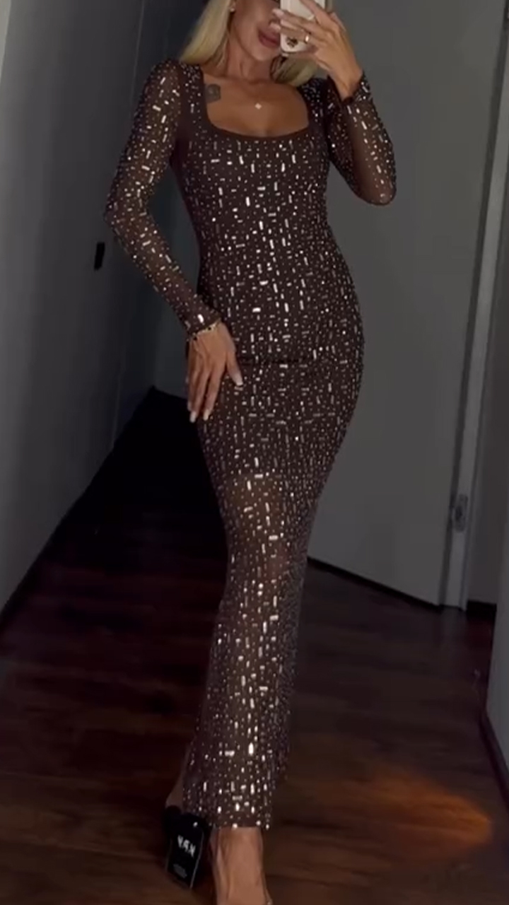 Women U-neck Hot Diamond Slimming Shining Temperament Casual Dress