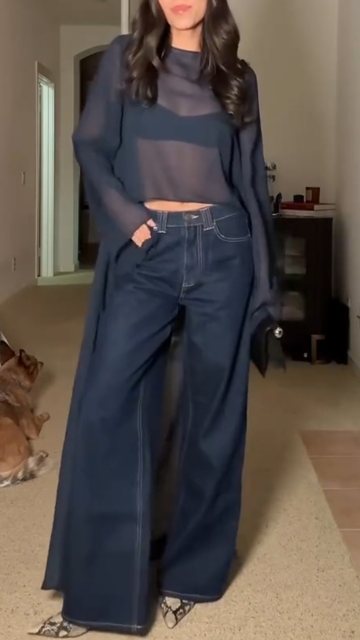 Women Round Neck Solid Color Transparent Irregular Long Top