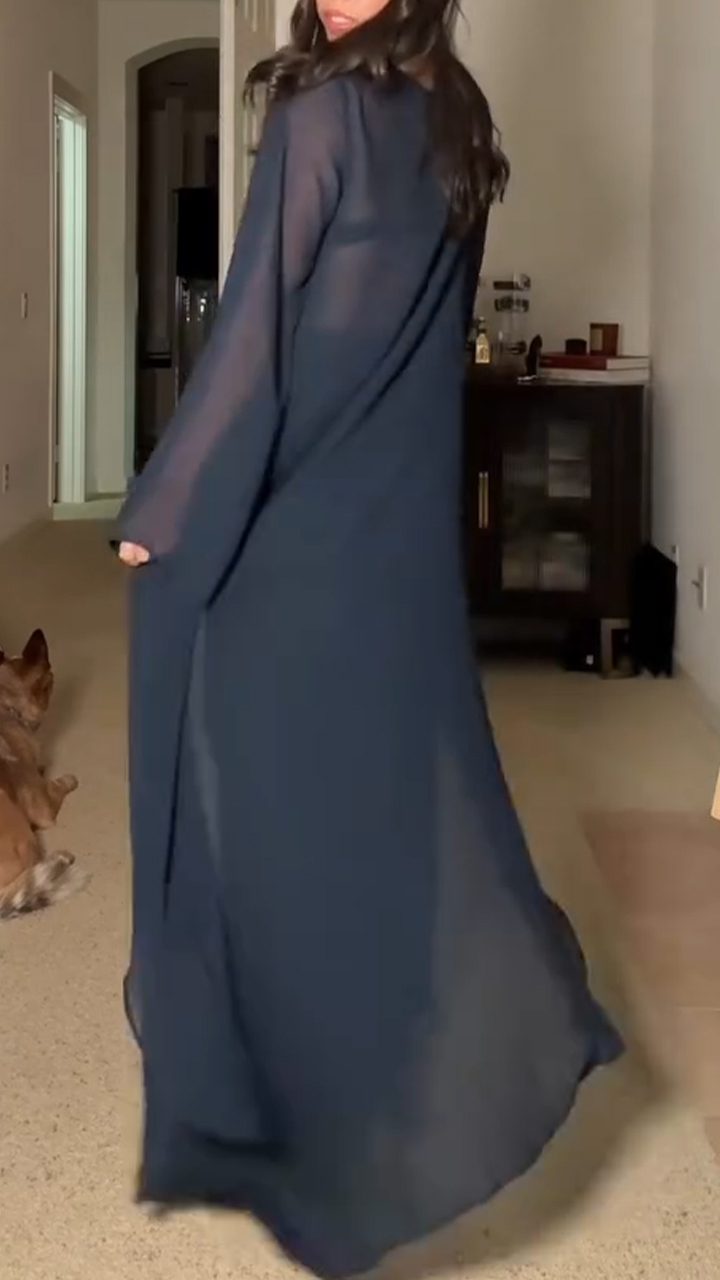 Women Round Neck Solid Color Transparent Irregular Long Top