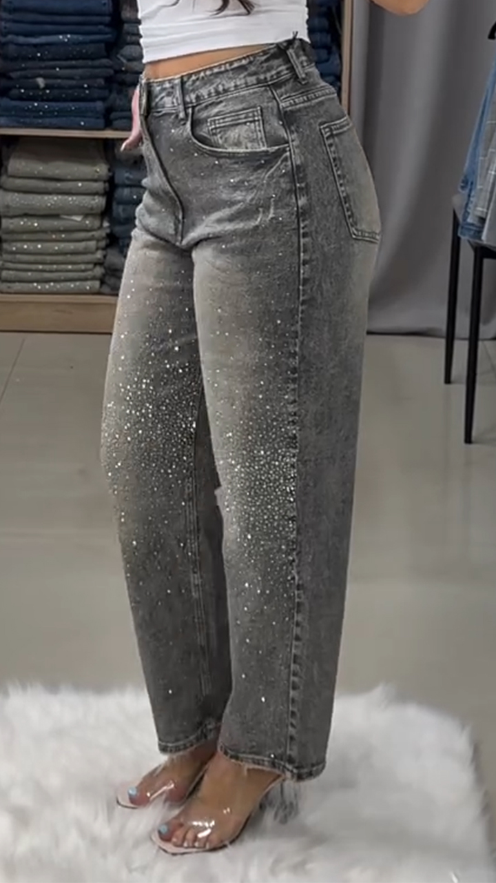 Women Rhinestone Washed Casual Jeans