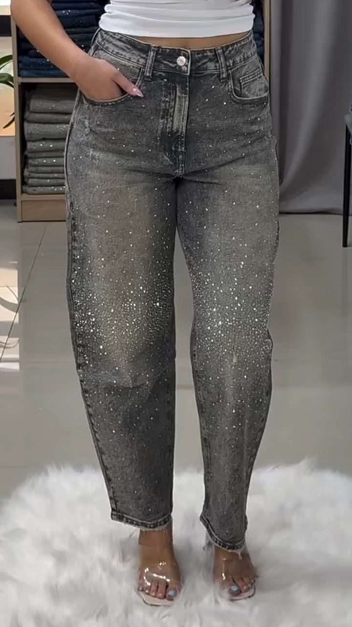 Women Rhinestone Washed Casual Jeans