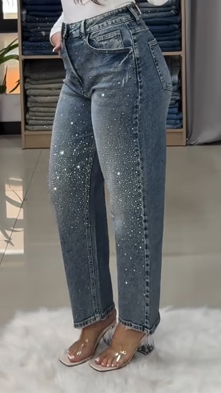 Women Rhinestone Washed Casual Jeans