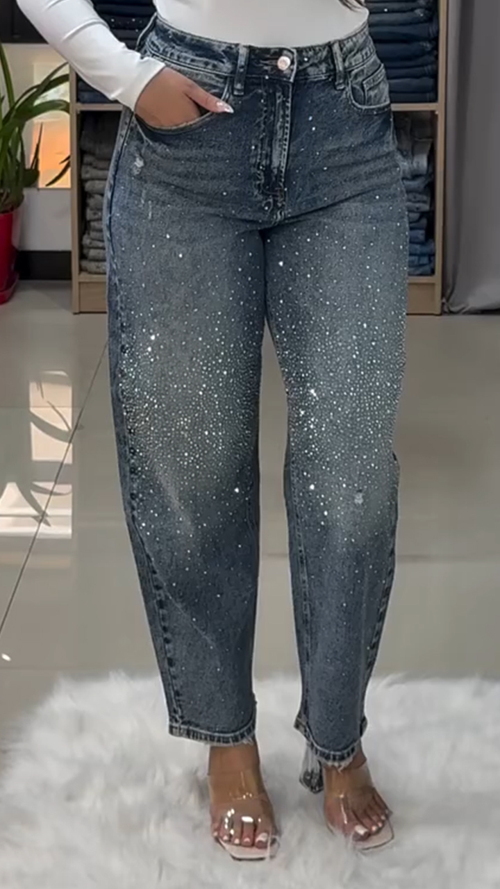 Women Rhinestone Washed Casual Jeans