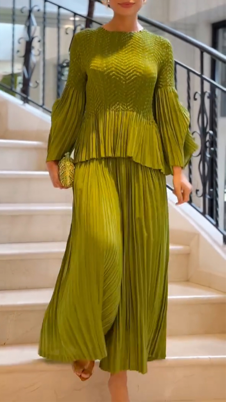 Women Round Neck Spliced ​​top + Pants Solid Color Elegant Casual Suit