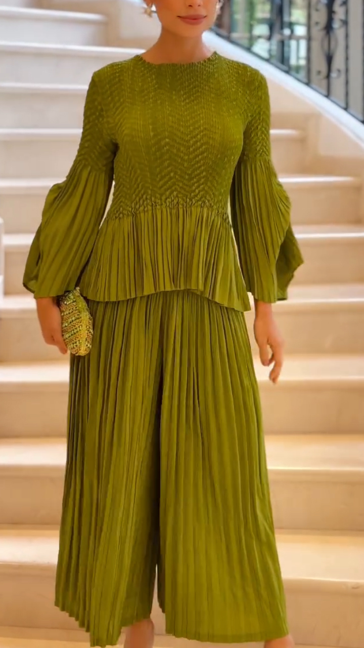 Women Round Neck Spliced ​​top + Pants Solid Color Elegant Casual Suit