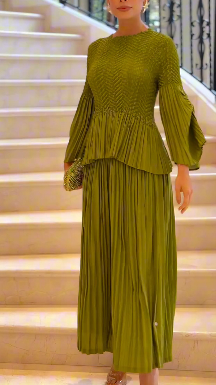 Women Round Neck Spliced ​​top + Pants Solid Color Elegant Casual Suit