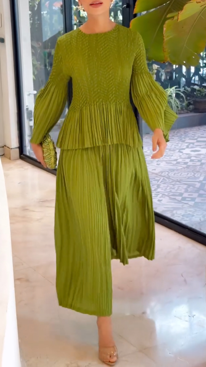 Women Round Neck Spliced ​​top + Pants Solid Color Elegant Casual Suit