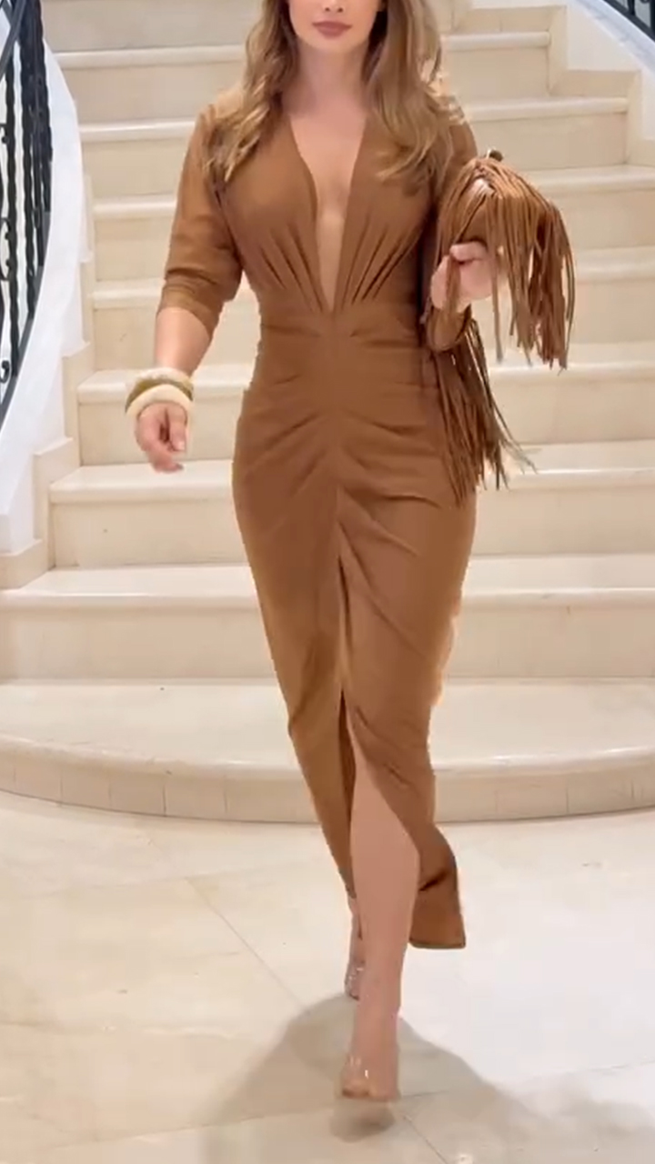 Women Deep V-neck Slim-fitting Slit Solid Color Elegant Temperament Dress