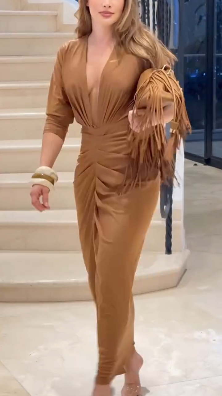 Women Deep V-neck Slim-fitting Slit Solid Color Elegant Temperament Dress