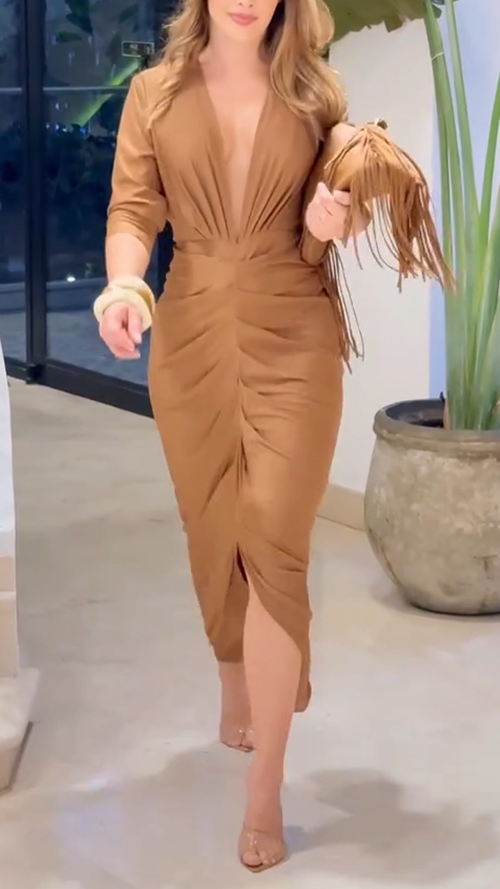 Women Deep V-neck Slim-fitting Slit Solid Color Elegant Temperament Dress