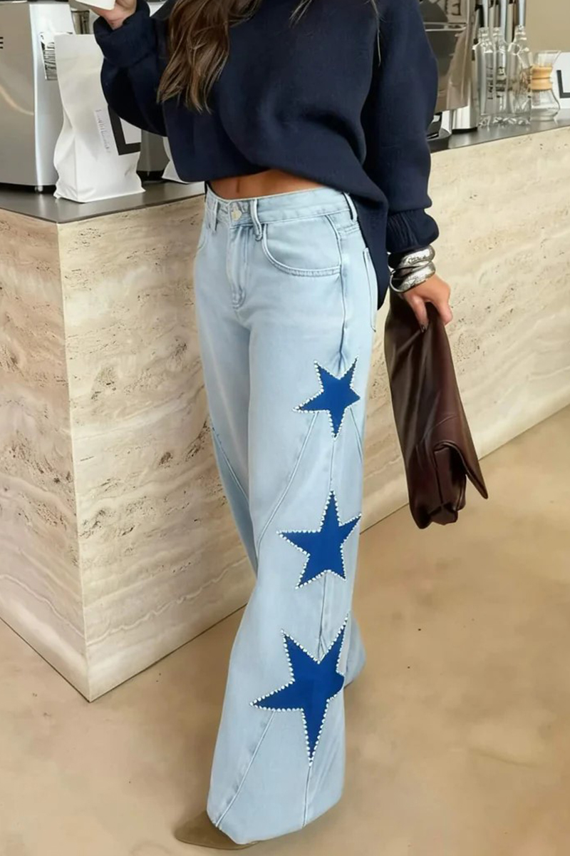 Women Patchwork Star Printed Rhinestone Casual Jeans
