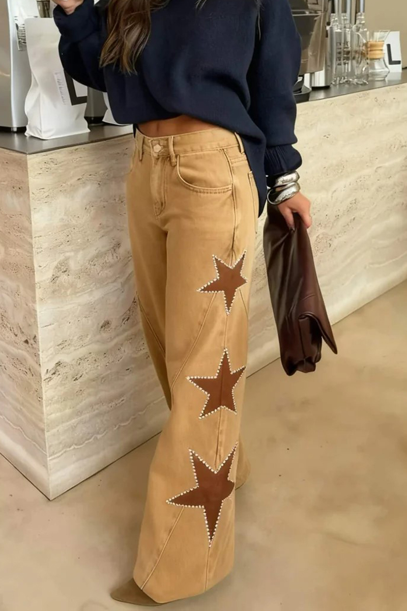 Women Patchwork Star Printed Rhinestone Casual Jeans