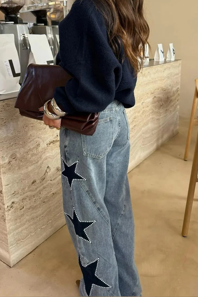 Women Patchwork Star Printed Rhinestone Casual Jeans