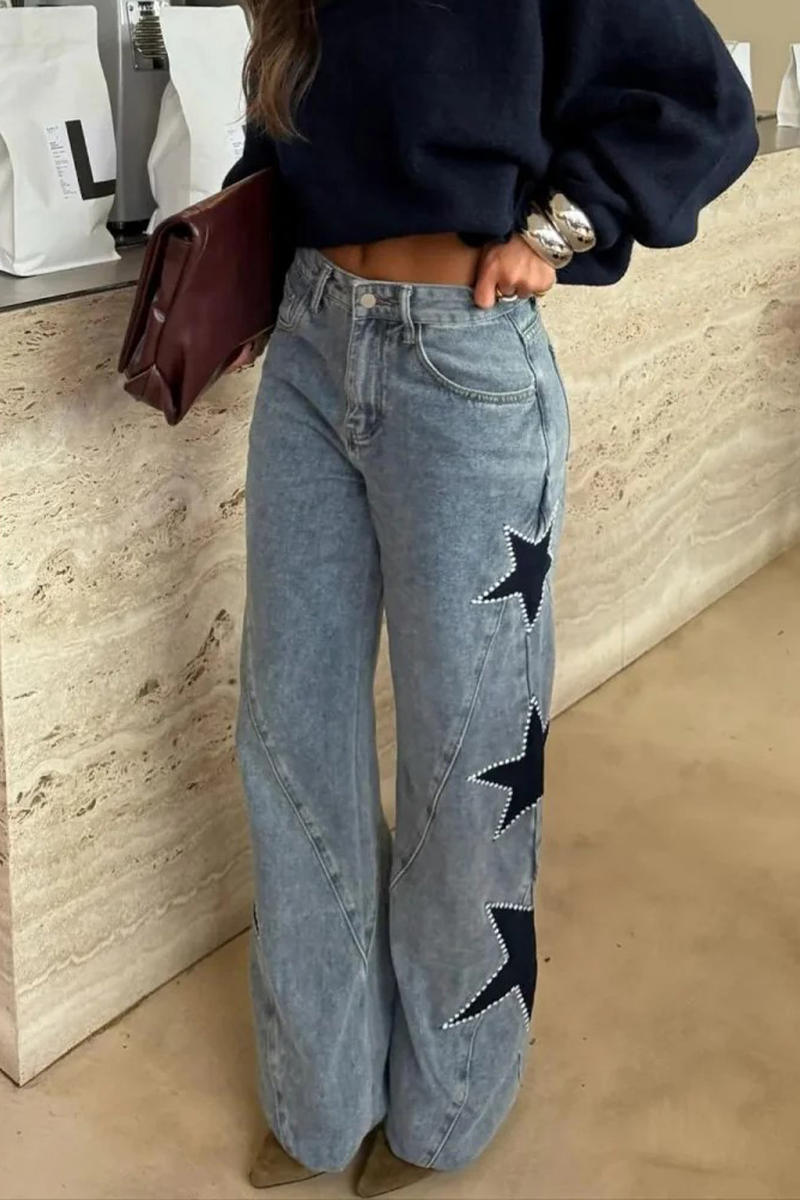 Women Patchwork Star Printed Rhinestone Casual Jeans