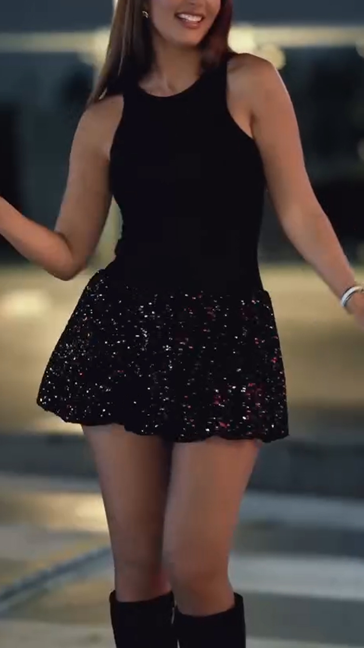 Women Round Neck Spliced ​​sequin Slim Casual Dress