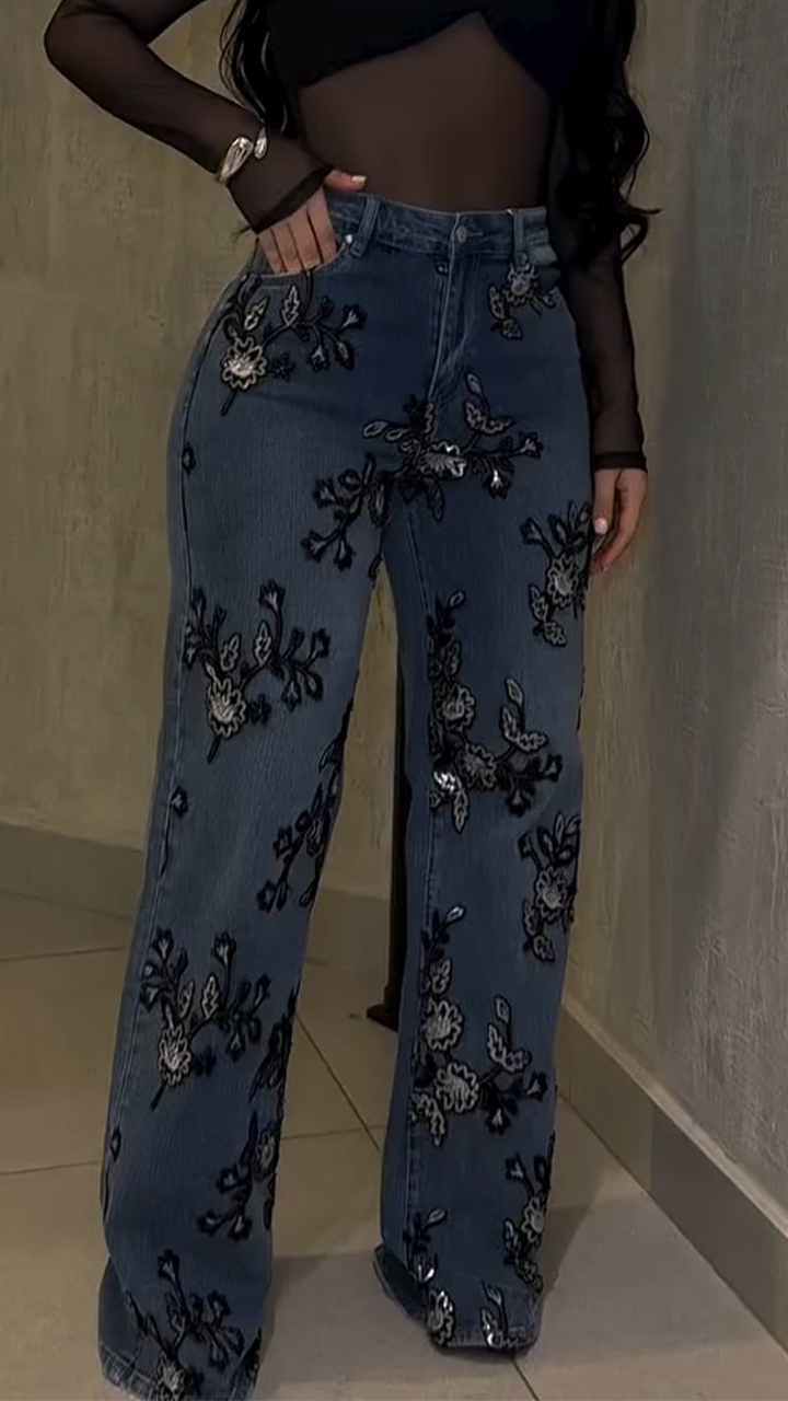 Women High Waist Printed Washed Casual Jeans