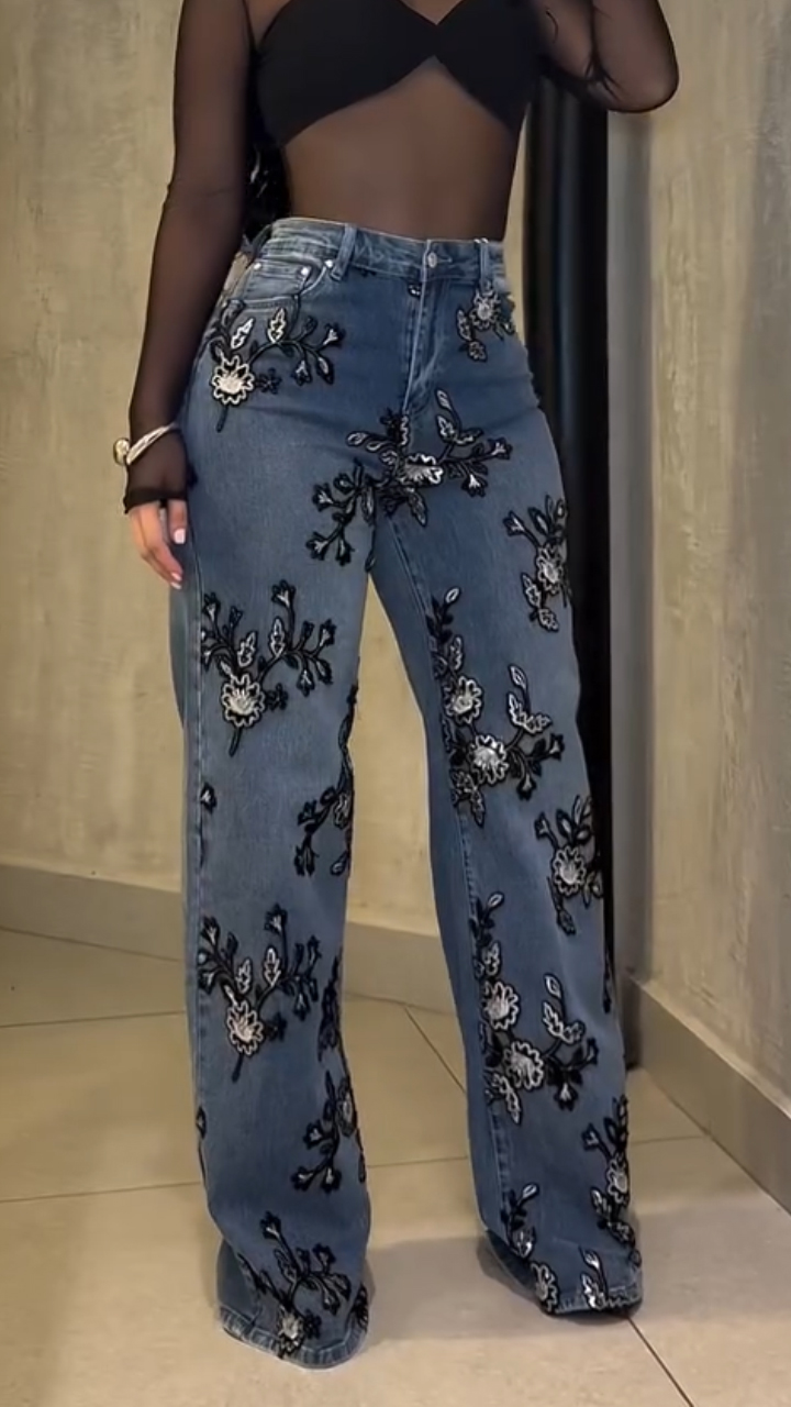 Women High Waist Printed Washed Casual Jeans