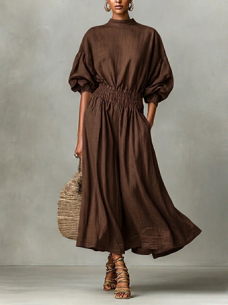 Casual Waist-cinching Linen And Cotton Dress