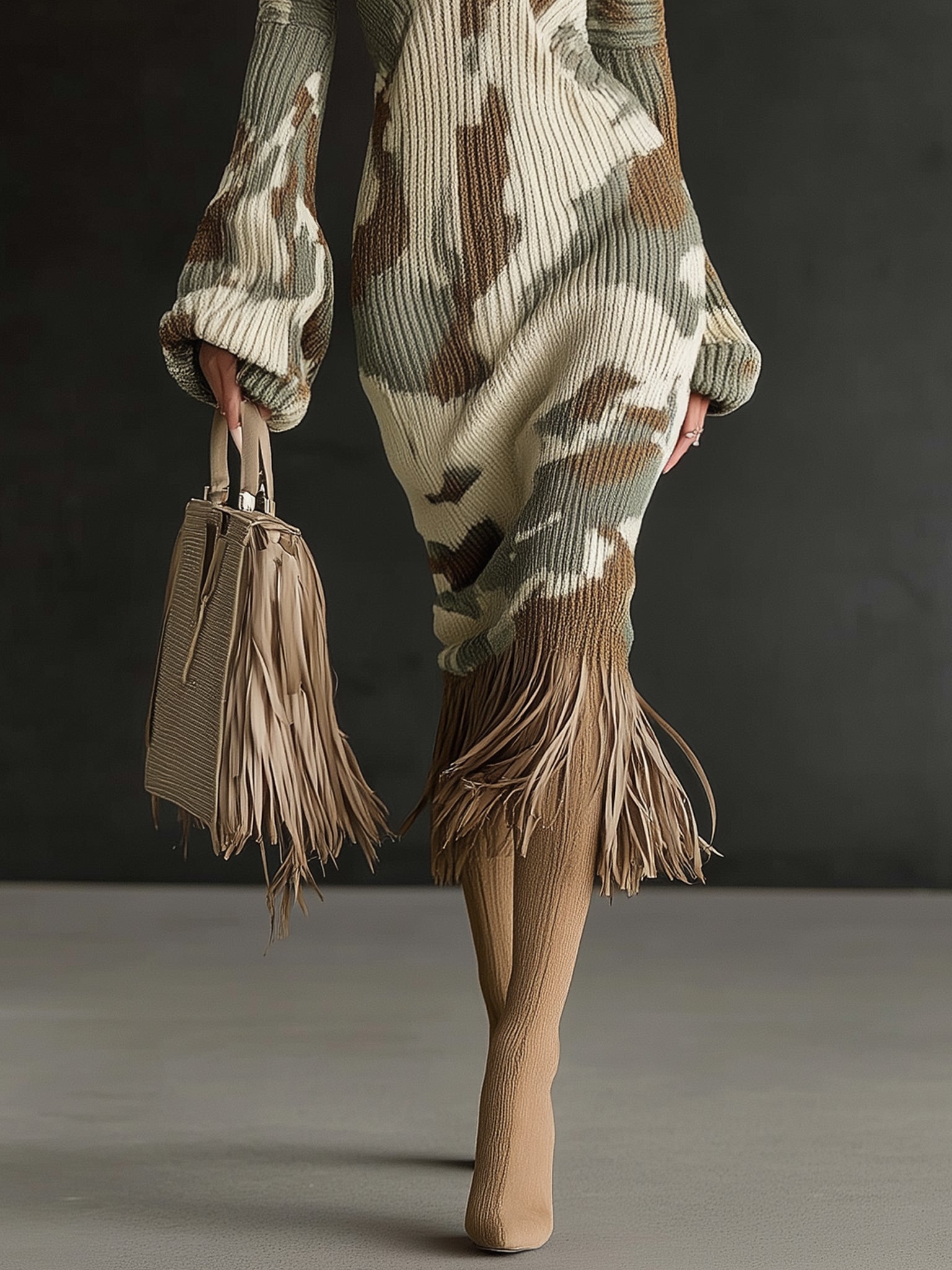 Olive Camo Knit Fringe Hem Long Sleeve Midi Dress