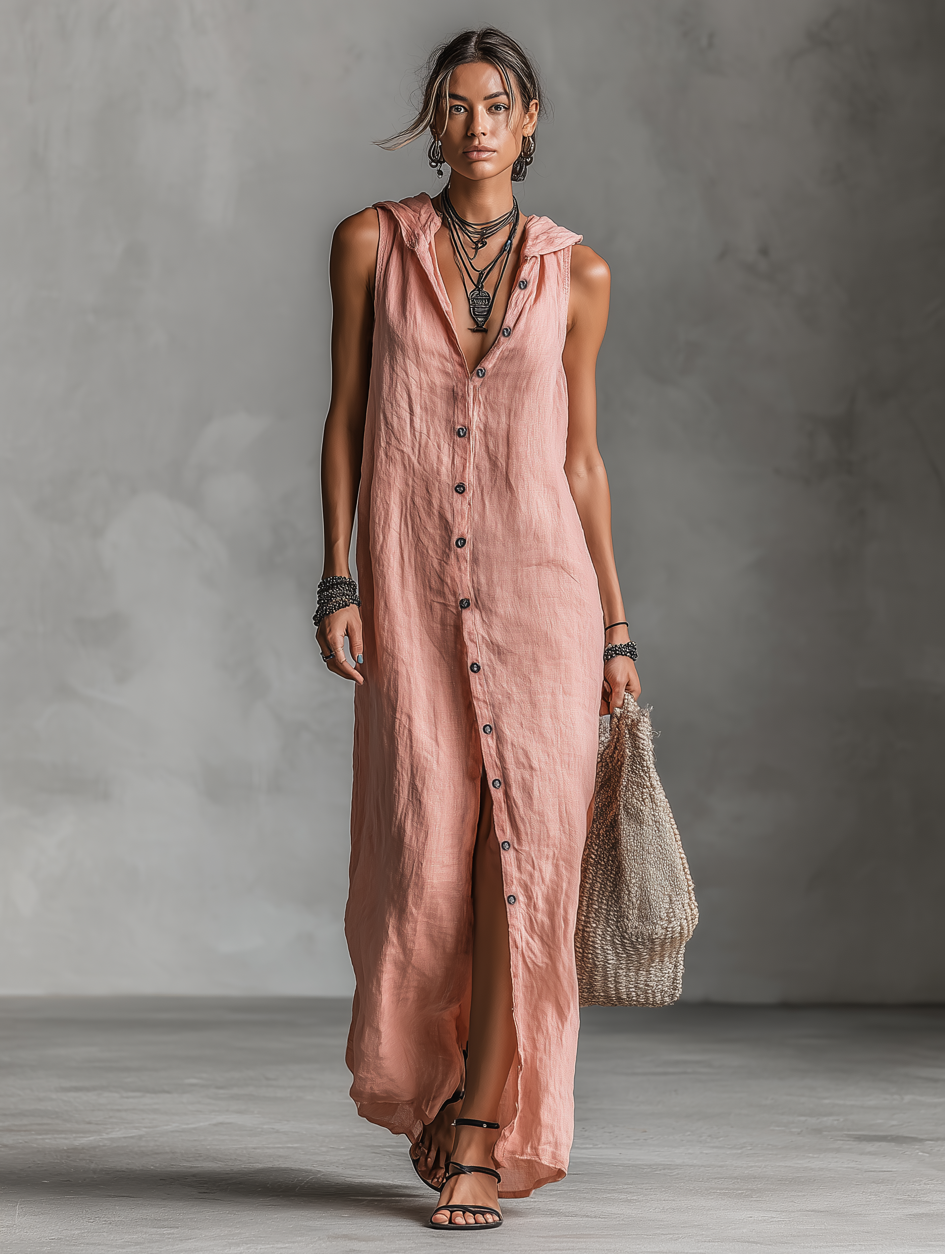 Women's Minimalist Linen Blend Hooded Single-breasted Sleeveless Maxi Dress MDZ3174A7Y