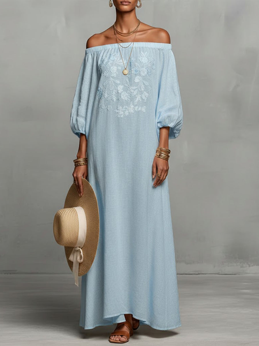 Women's Round Neck Long Sleeve Casual Loose Linen Dress