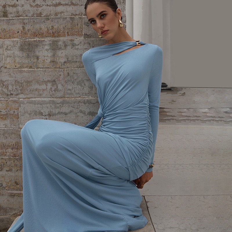 Elegant Fitted Waistline with Asymmetric Pleats Long-Sleeve Dress for Women