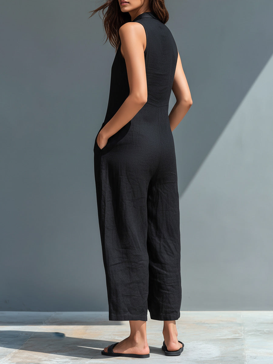 Women's V-neck Sleeveless Casual Loose Linen Jumpsuit