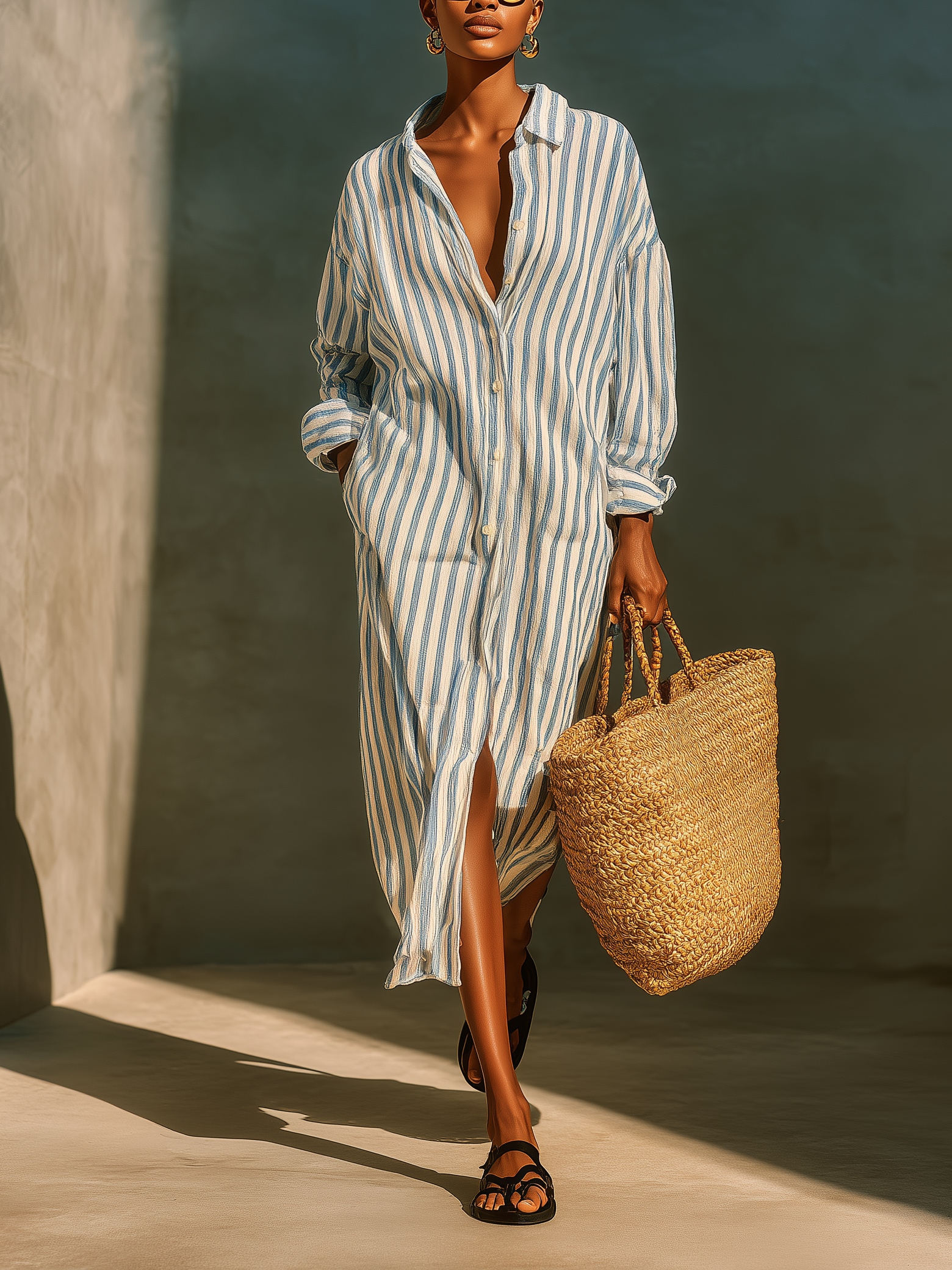 Women's Fashionable Casual Blue And White Striped Long-sleeved Shirt Dress MDA2483K4AN